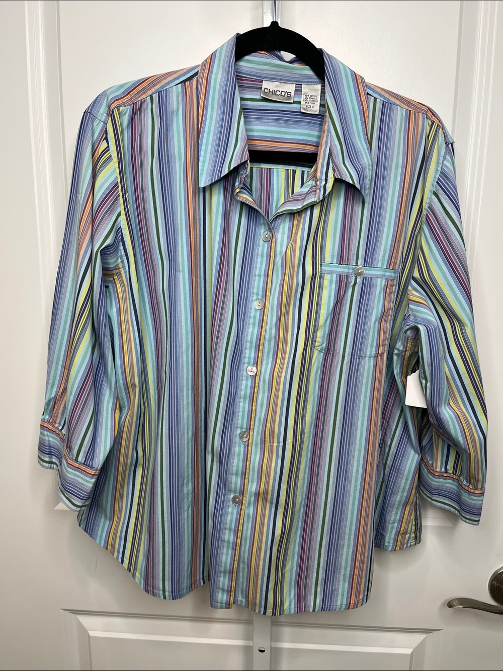 Chico's Women’s Multi-Stripe Button-Down Shirt - Pastel Blue & Multi 3-XL